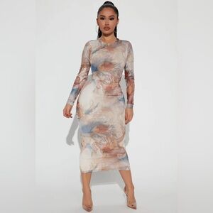 Fashion Nova - Aubree Mesh Midi Dress - Brown/combo